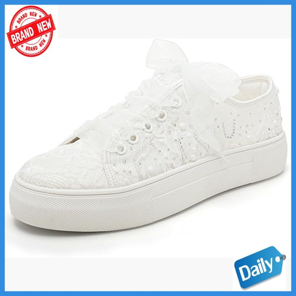 Platform Wedding Sneakers with Rhinestones Lace Bridal Shoes Comfort